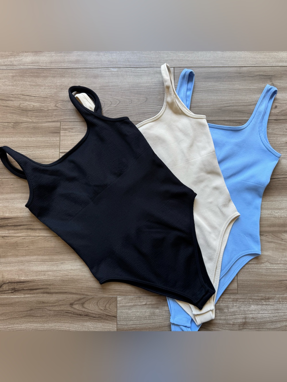 OQQ Ribbed Square Neck Tank Tops Bodysuits SET OF 3 black blue cream Size M